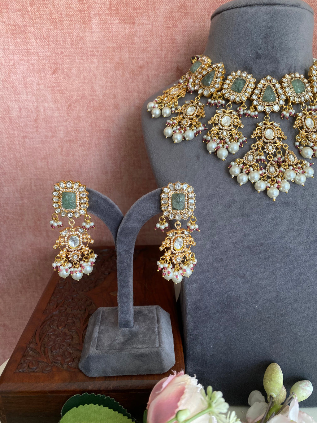 Kundan Bridal necklace set in pearl drops