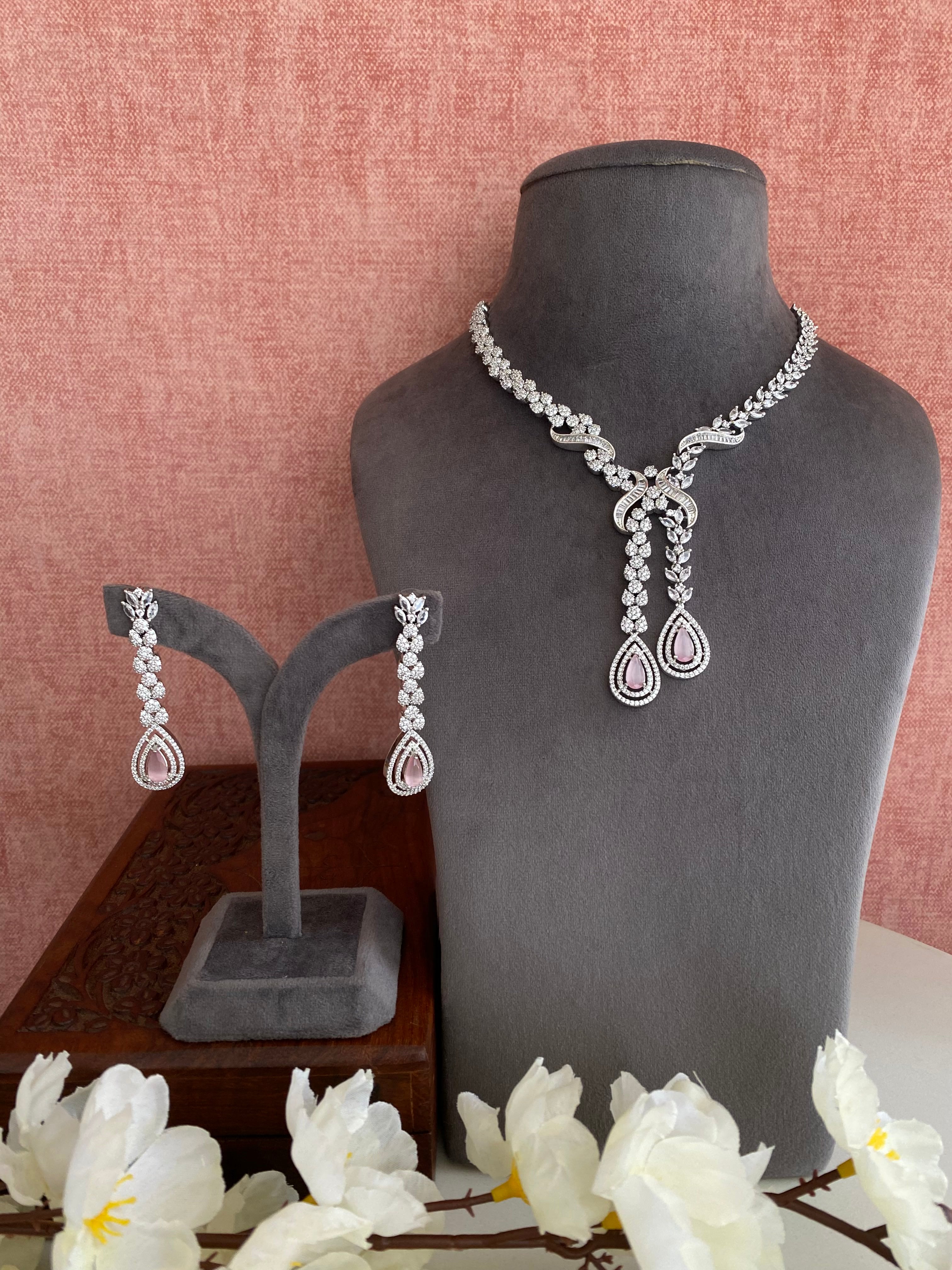 Silver Plated Emerald Diamond Necklace set