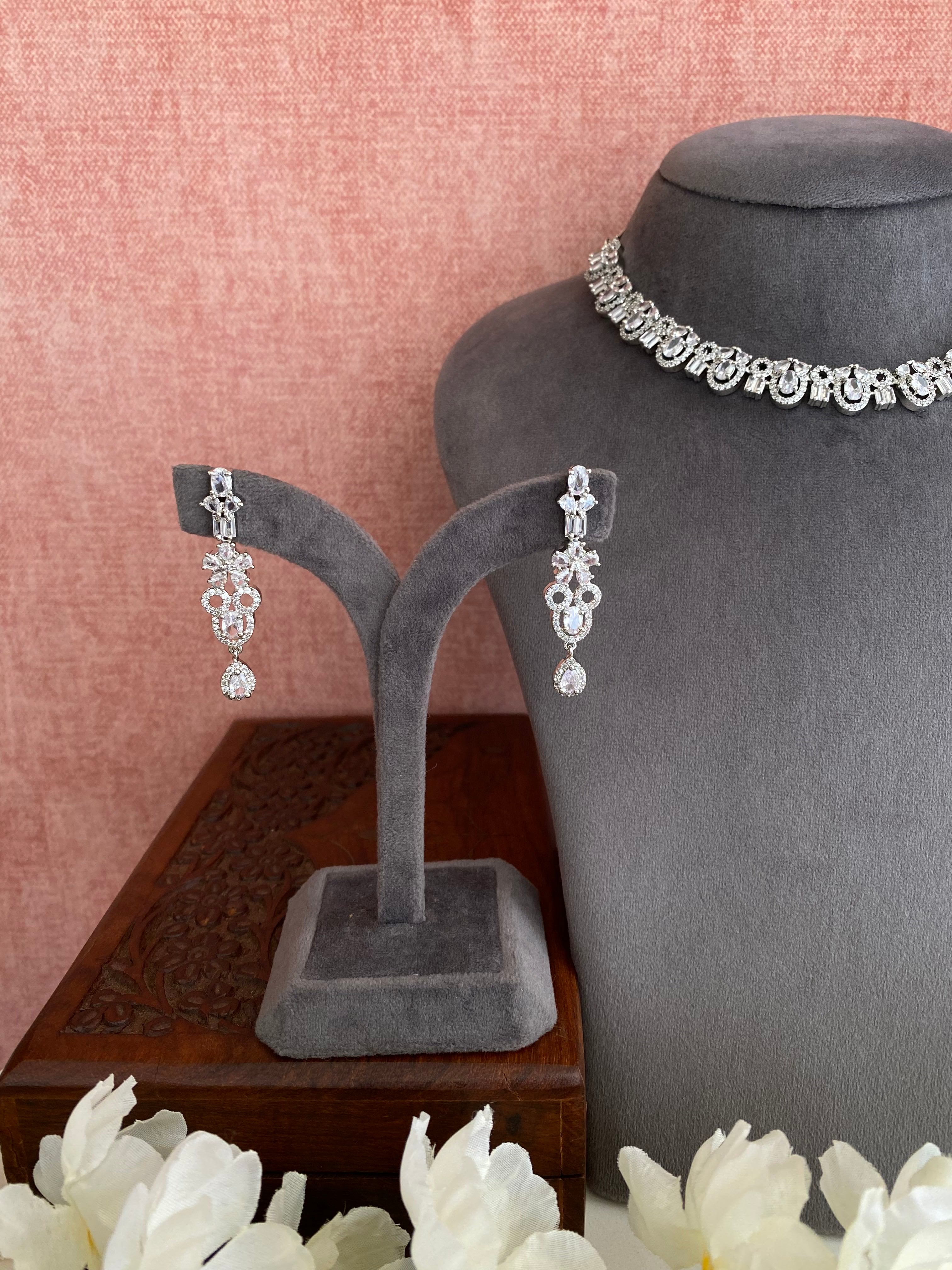 Silver Plated Diamond Necklace set