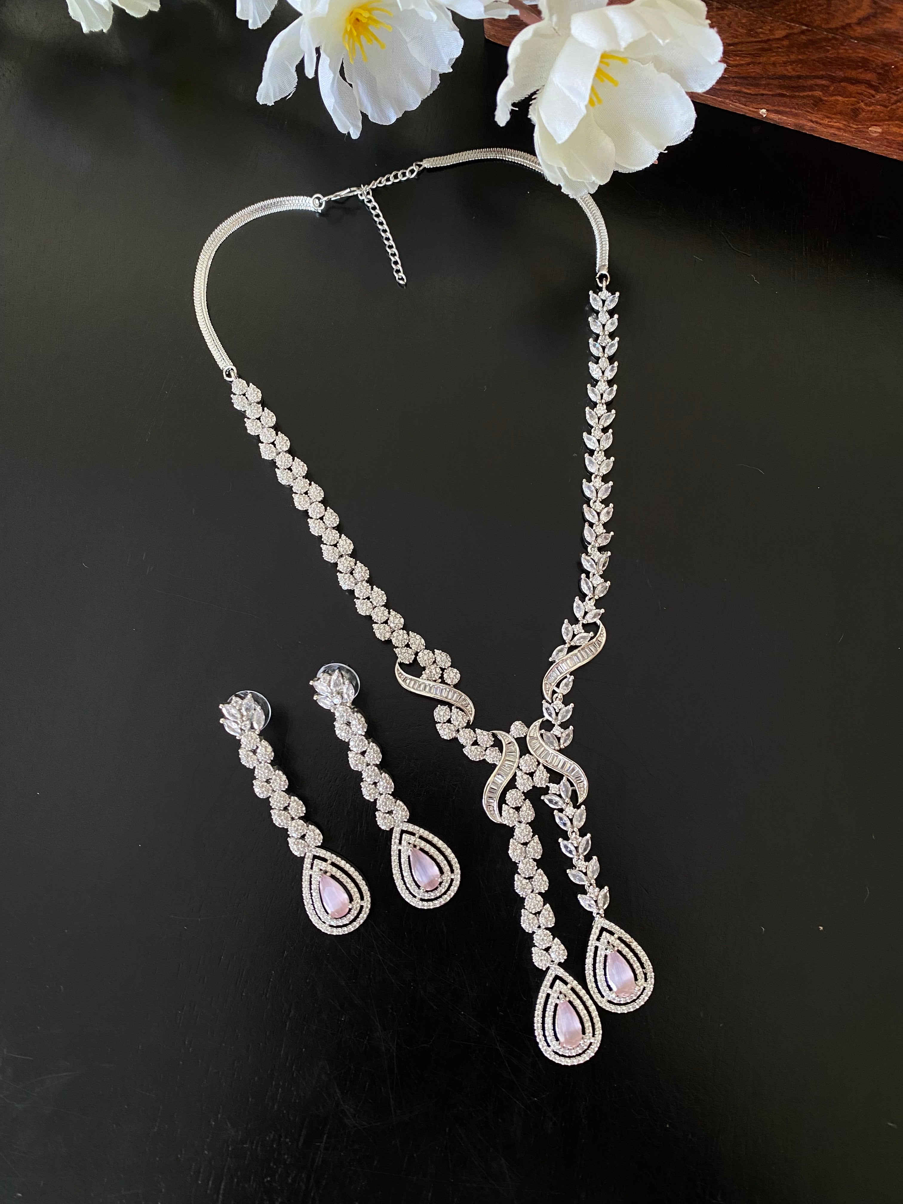 Silver Plated Emerald Diamond Necklace set