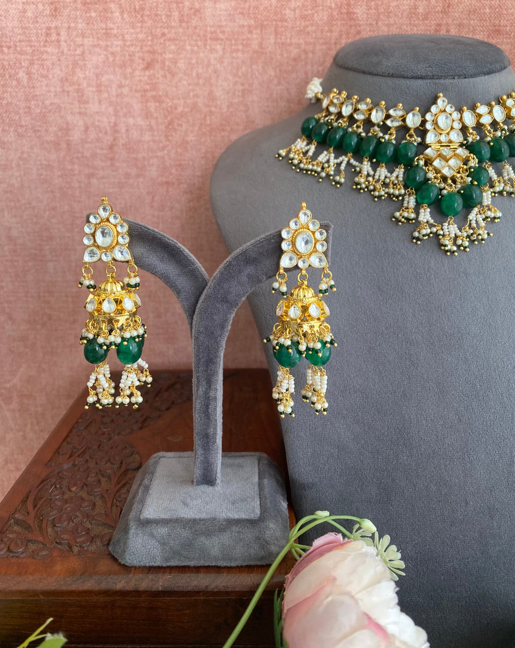 Kundan necklace set with green drops