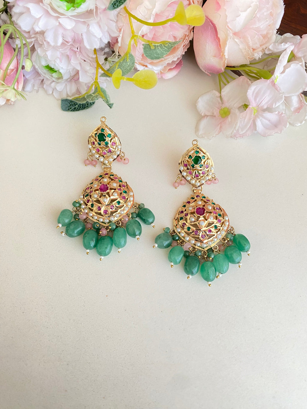 Jadau Earring in Green Beads