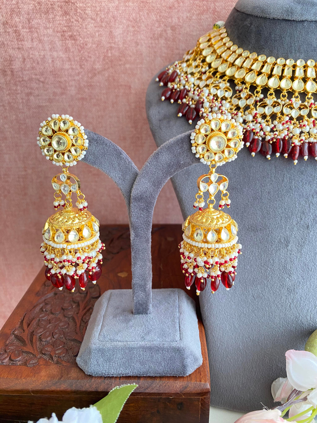 Kundan Bridal necklace set in red drops