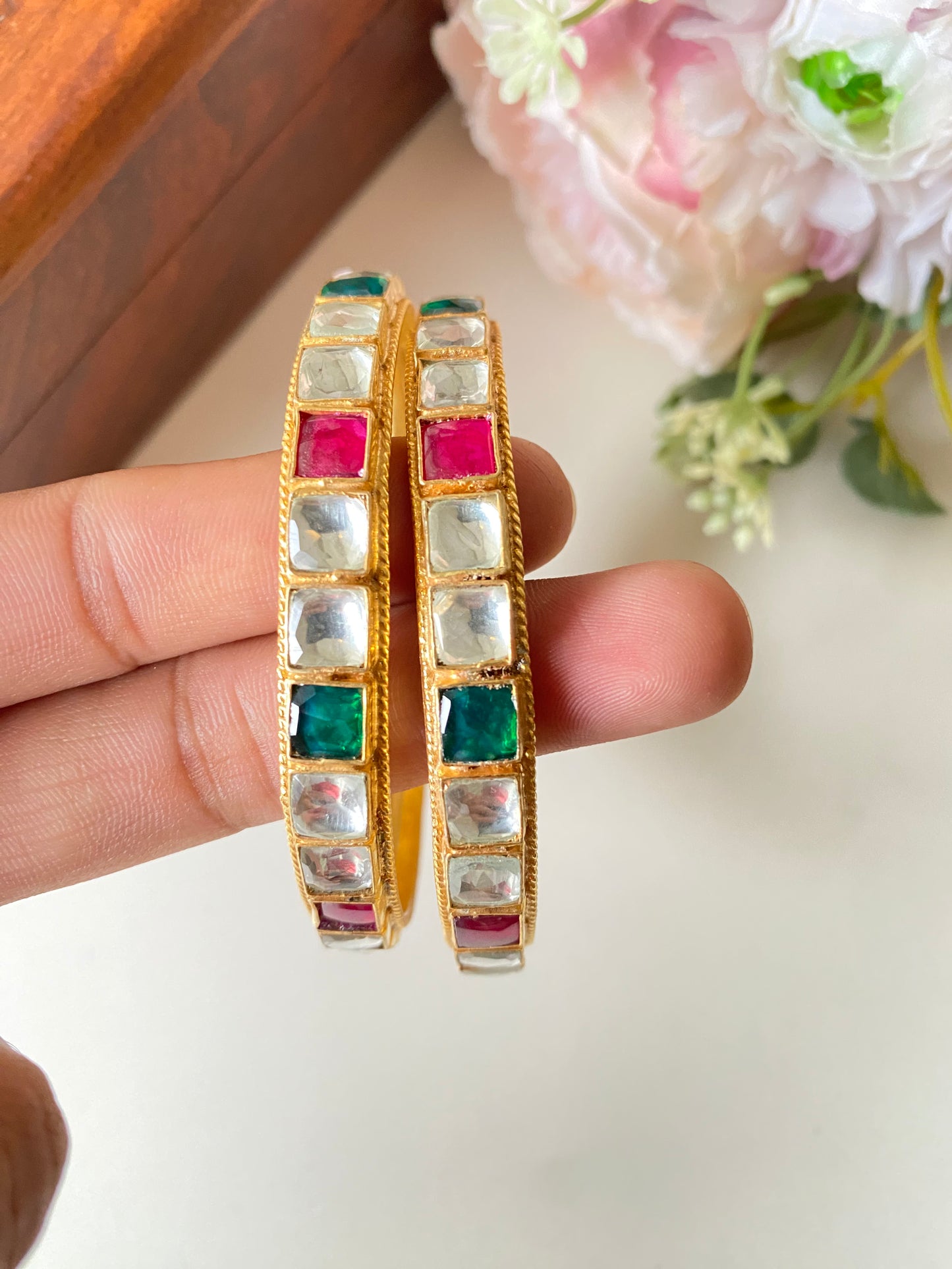 Gold Plated Pink and green Kundan Bangles