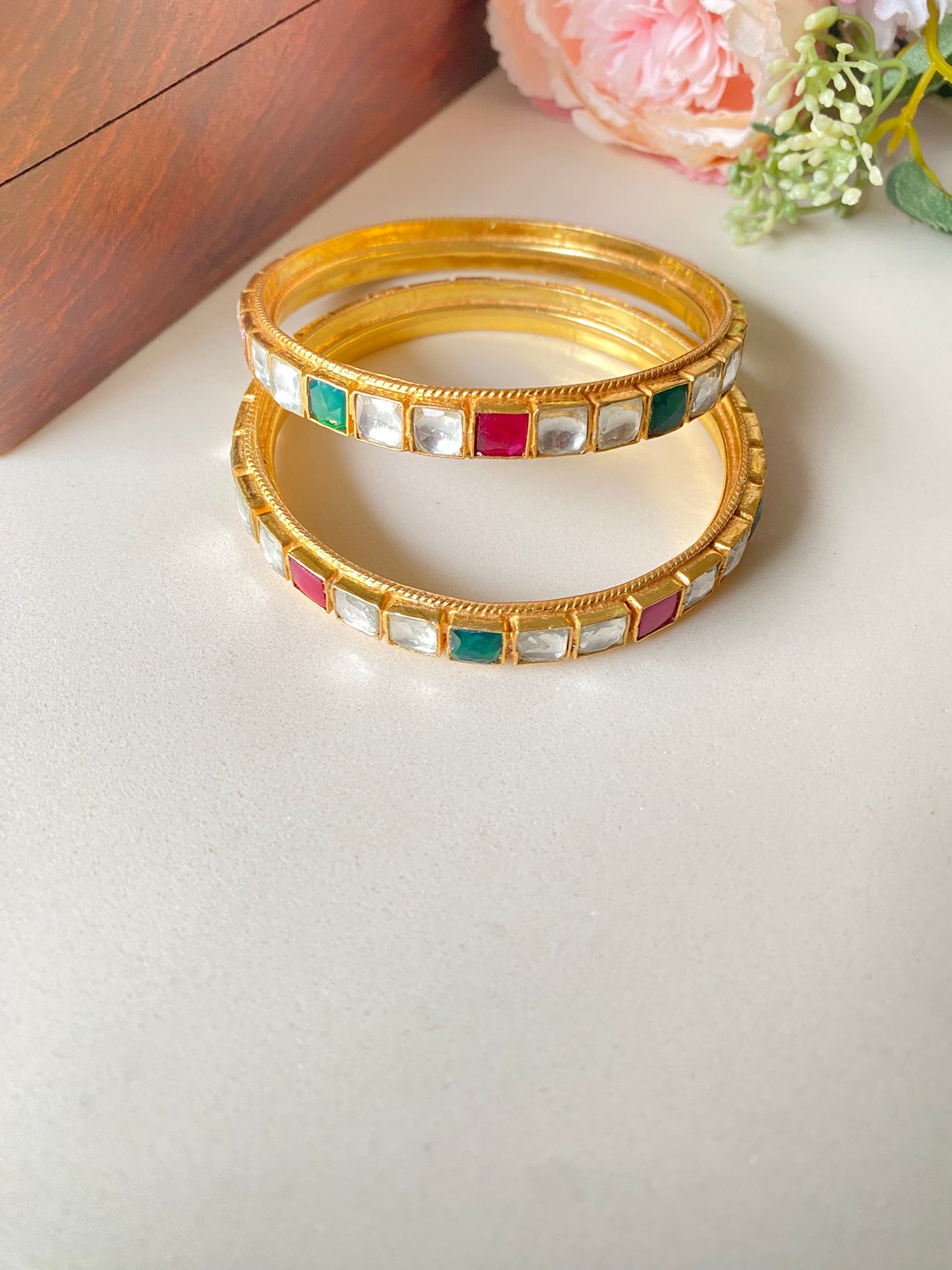 Gold Plated Pink and green Kundan Bangles