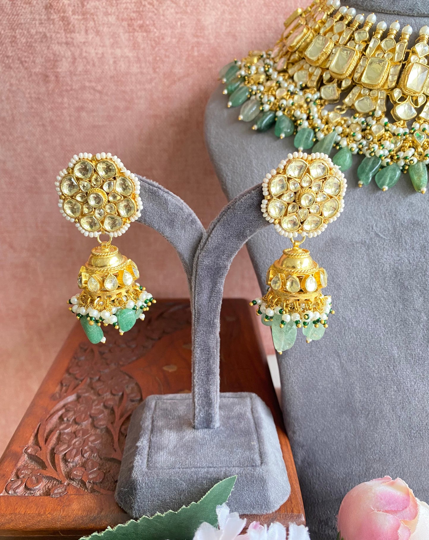 Kundan Gold plated Choker set With jhumka in mint drops