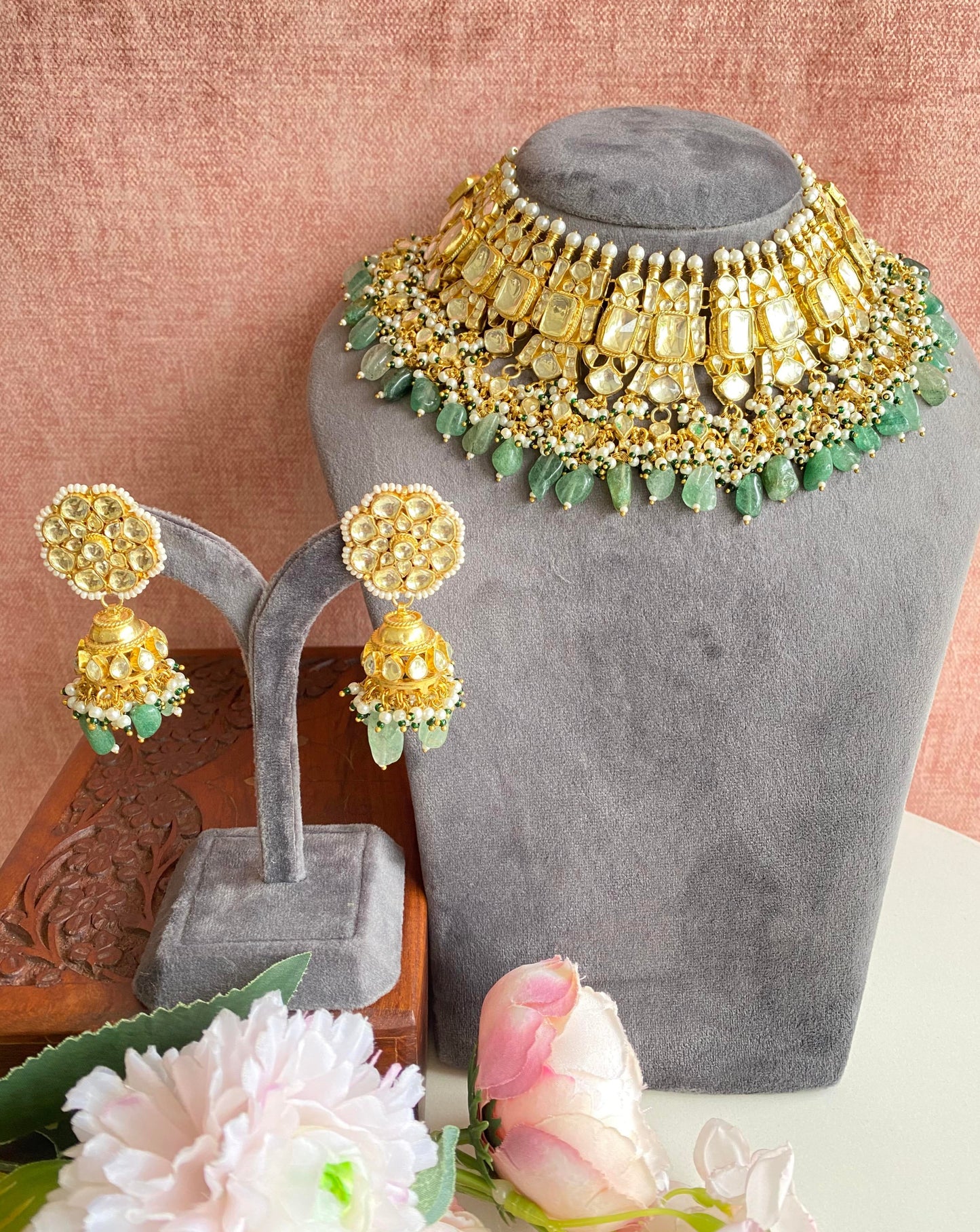 Kundan Gold plated Choker set With jhumka in mint drops