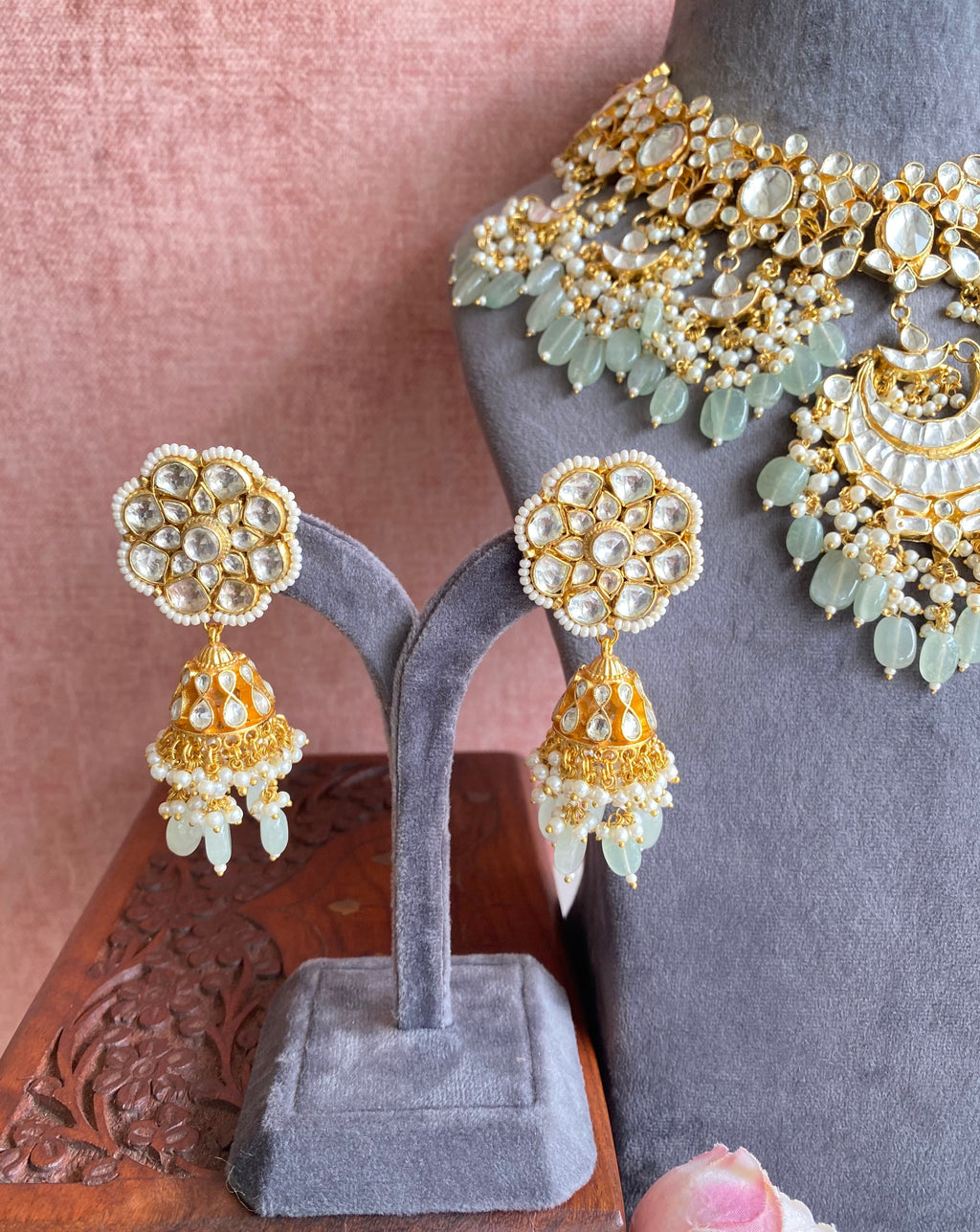 Kundan Bridal Necklace set in mint drops
