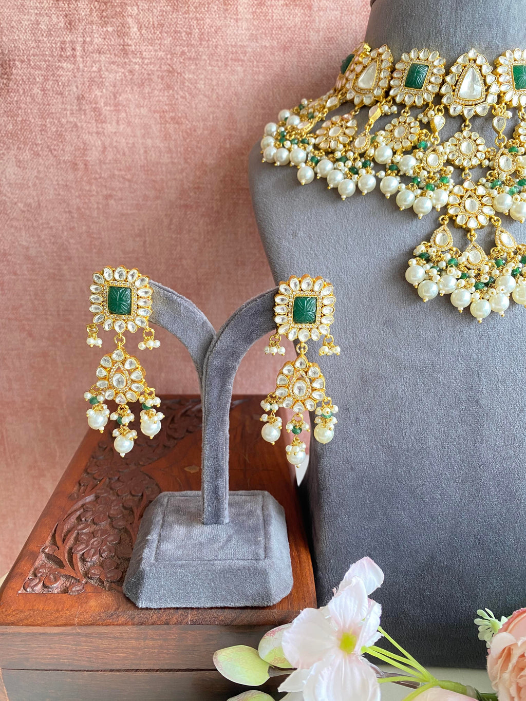 Kundan Bridal Green Necklace set in pearl drops