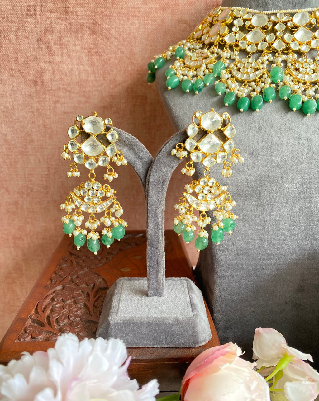 Kundan Bridal Necklace set in green drops