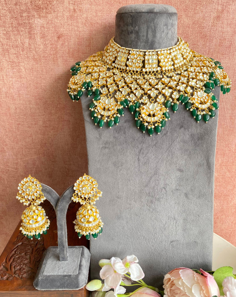 Bridal Kundan Necklace Set in green drops