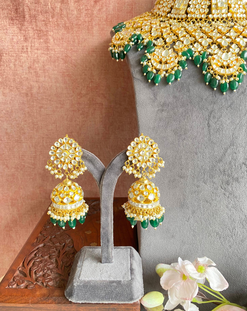 Bridal Kundan Necklace Set in green drops