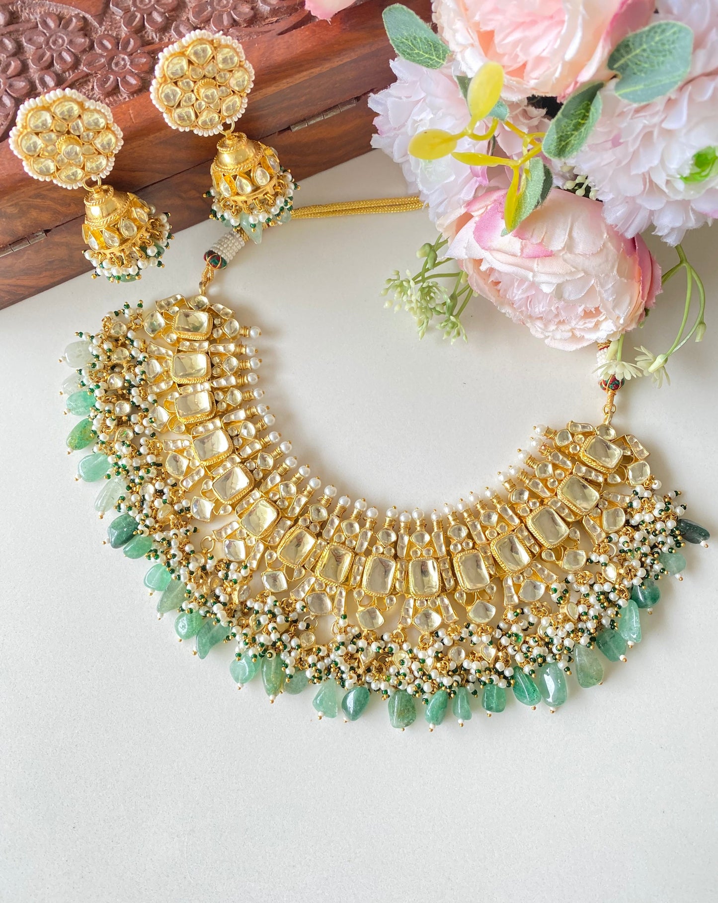 Kundan Gold plated Choker set With jhumka in mint drops