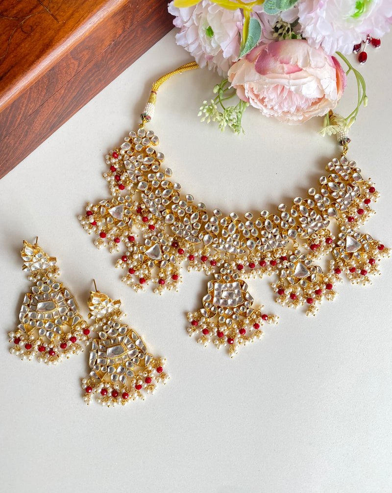 Kundan Bridal Necklace set in red pearl