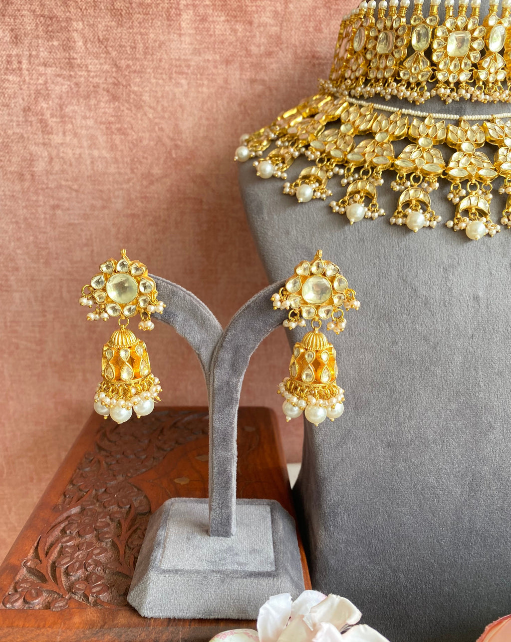 Kundan Double Necklace Set in pearl drops
