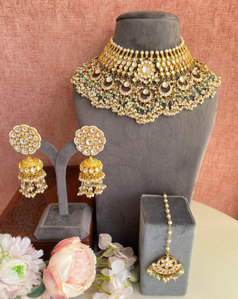 Bridal Kundan Necklace set in mint drops