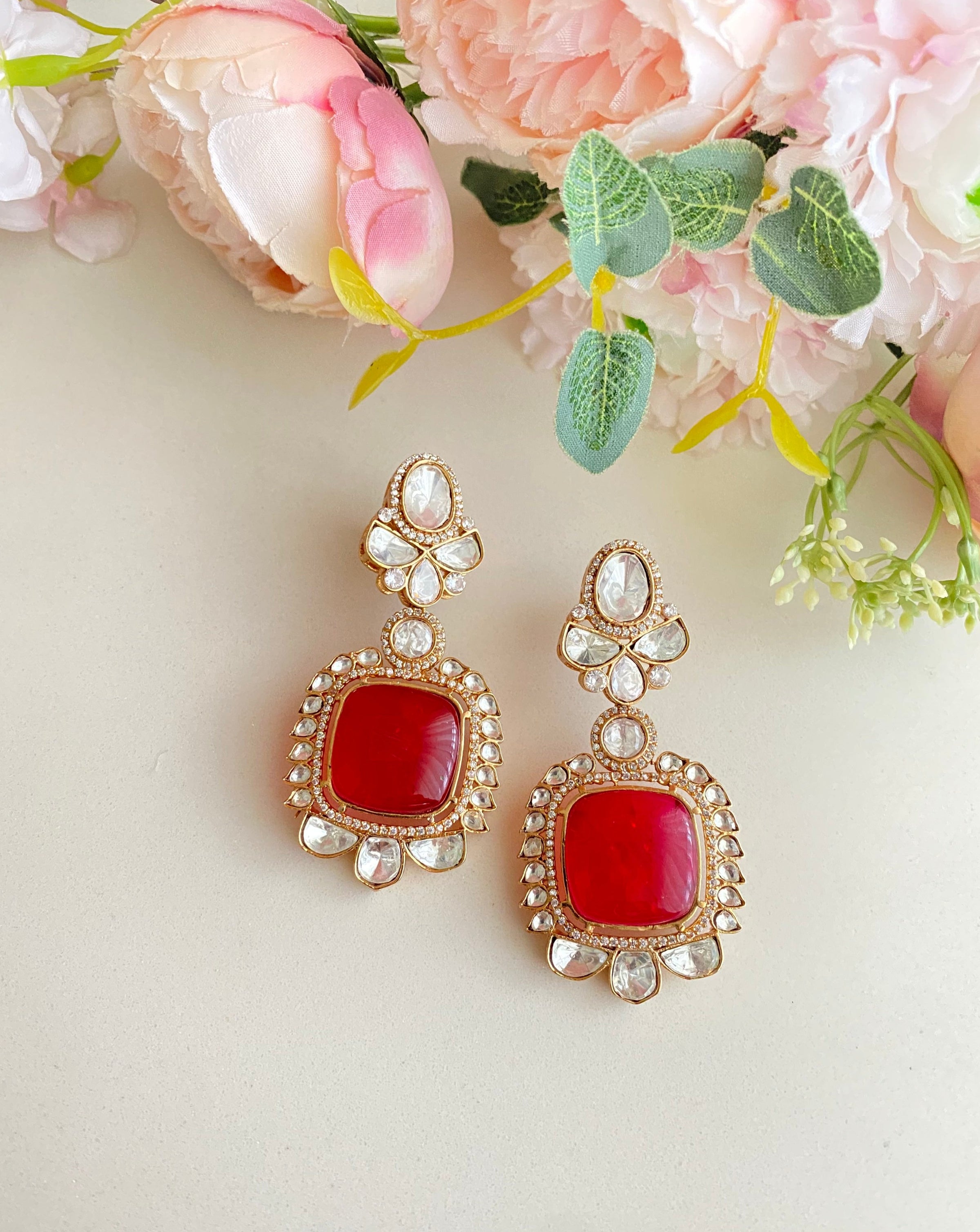 Gold Red Coral Earrings Studs - Eredi Jovon Venezia