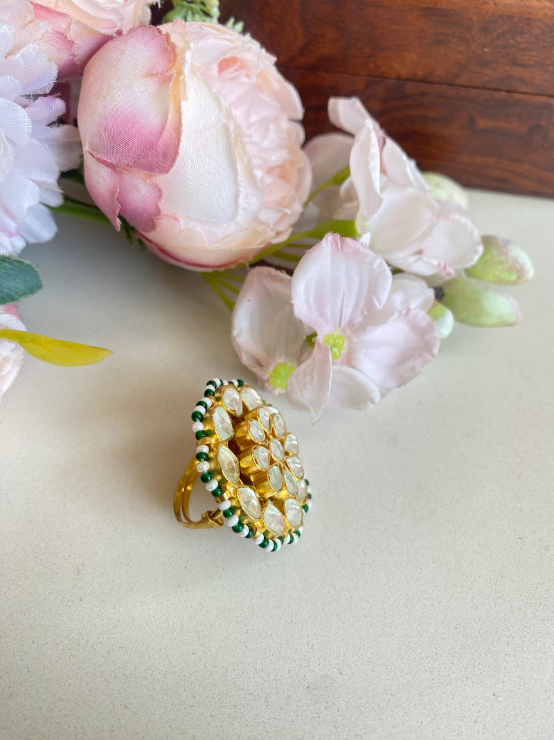 Kundan Ring In Green Pearl