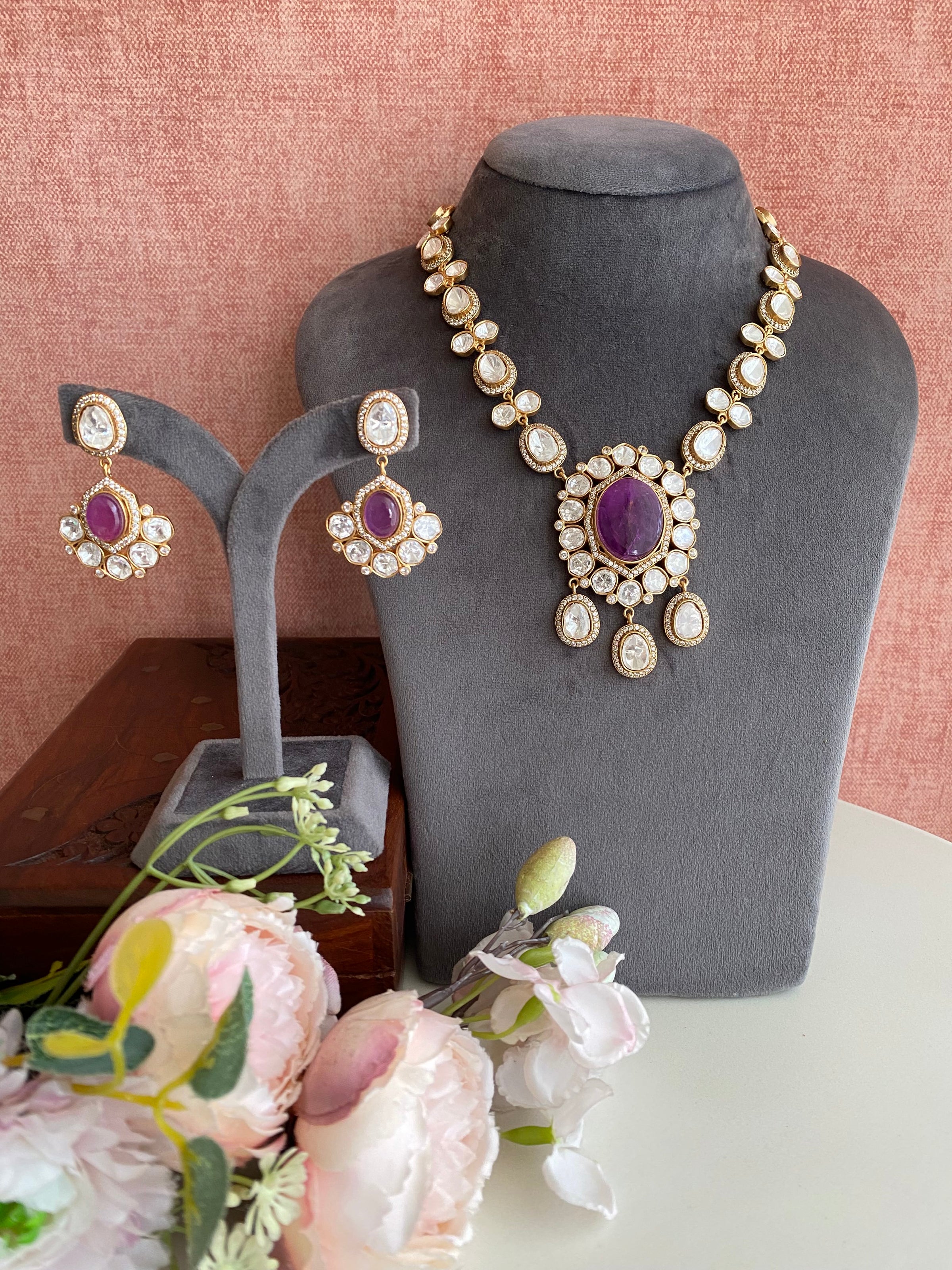 Bridal Jewelry Sets for Women Banquet Dress Accessories Resin Purple  Necklace Earrings Gold Color