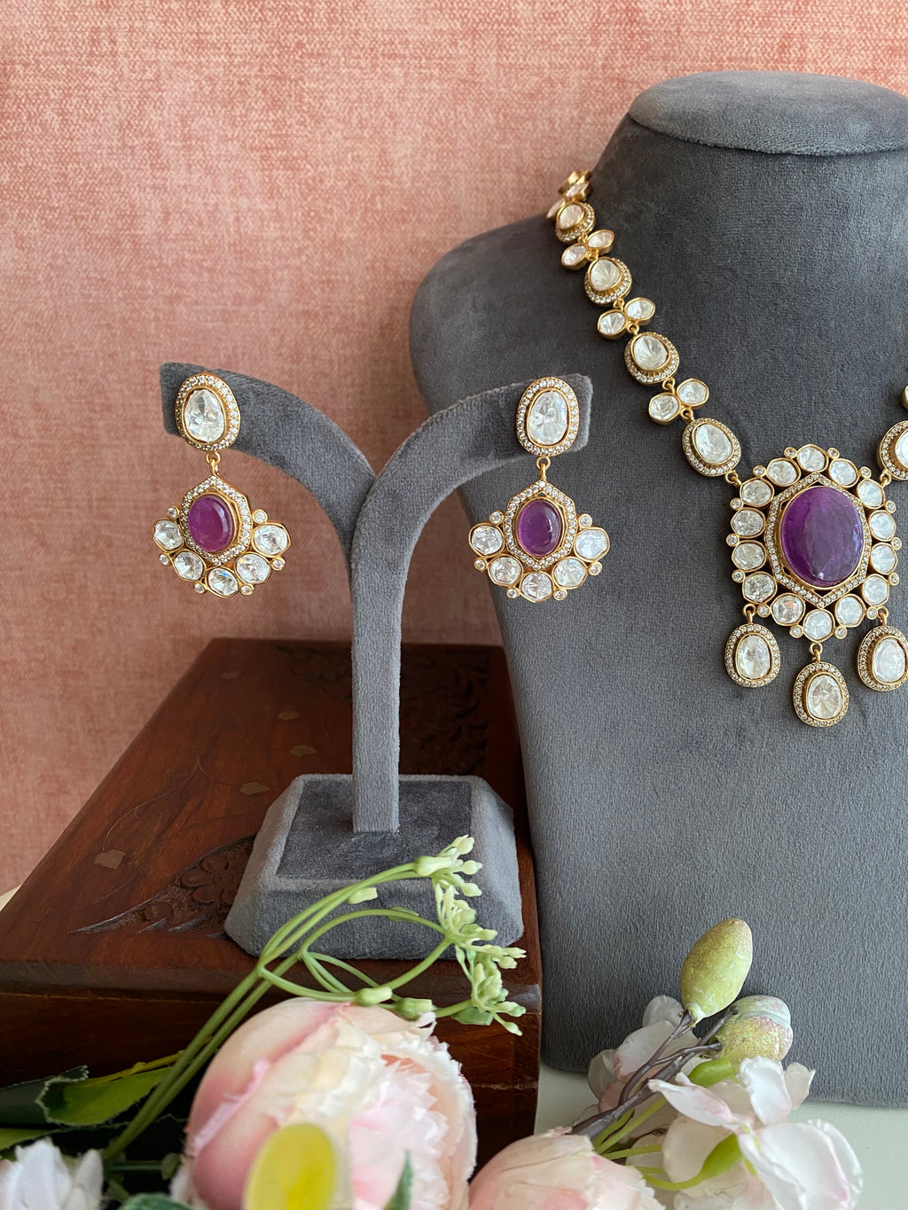 Purple stone long necklace set