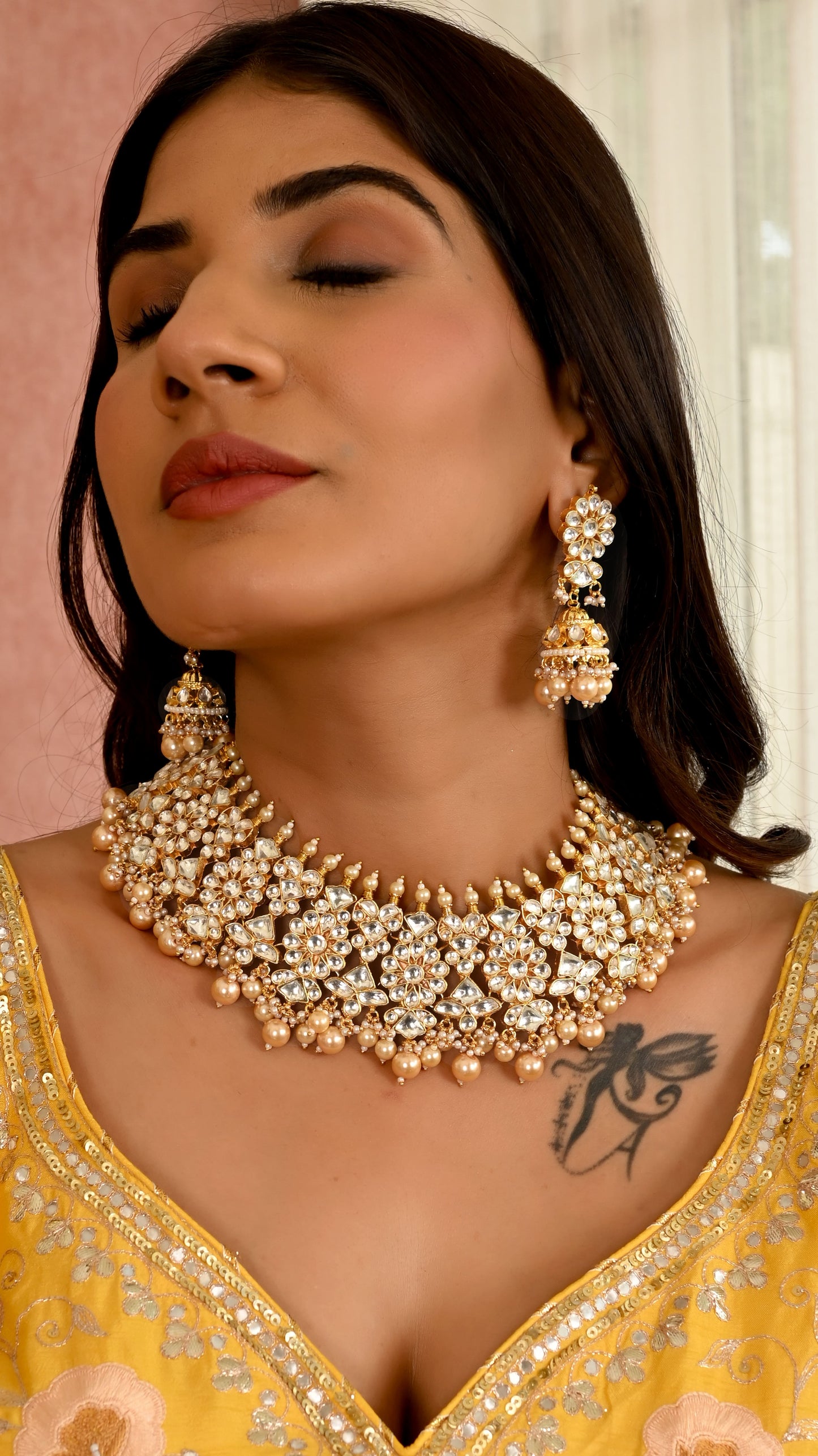 Kundan Gold plated Bridal Necklace Set  in pearl