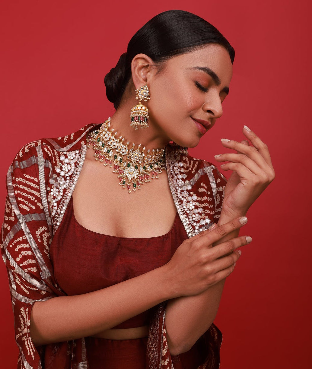 kundan Bridal Necklsce set with pink and green beads