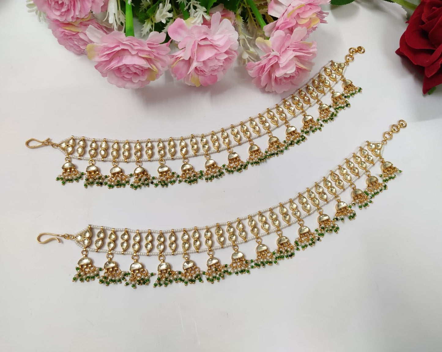 Gold plated Kundan Payal in green drops