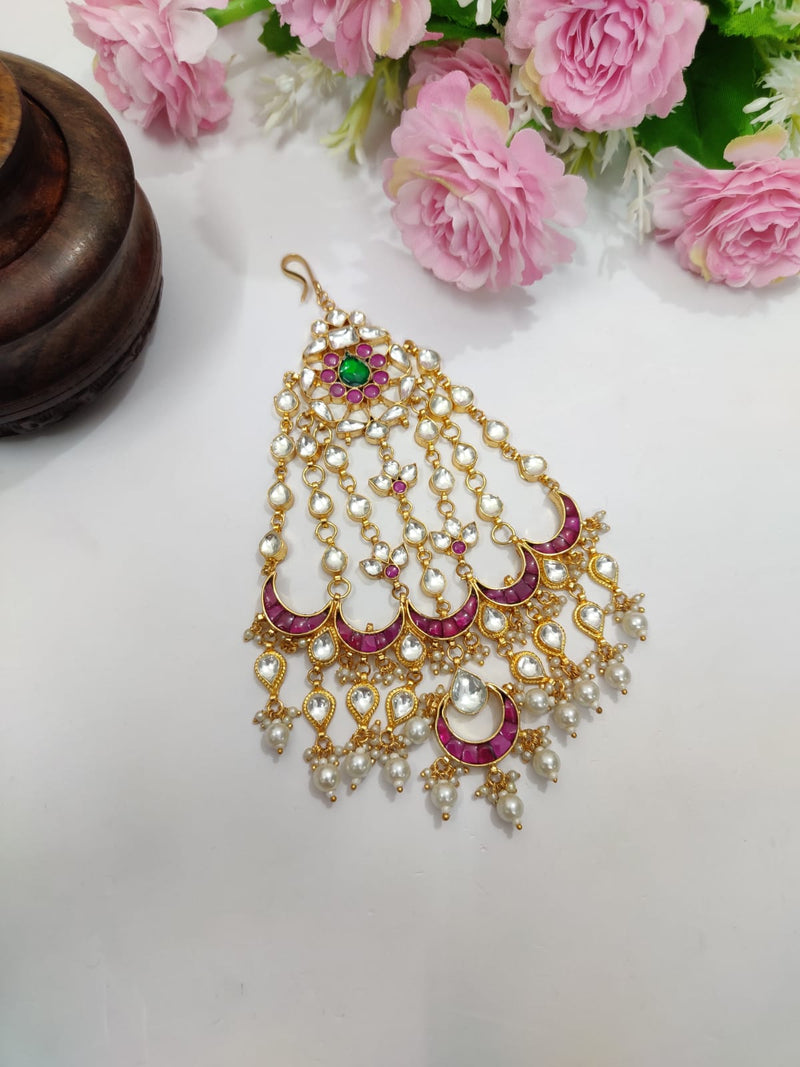 Pink Kundan Pasa in pearl drops