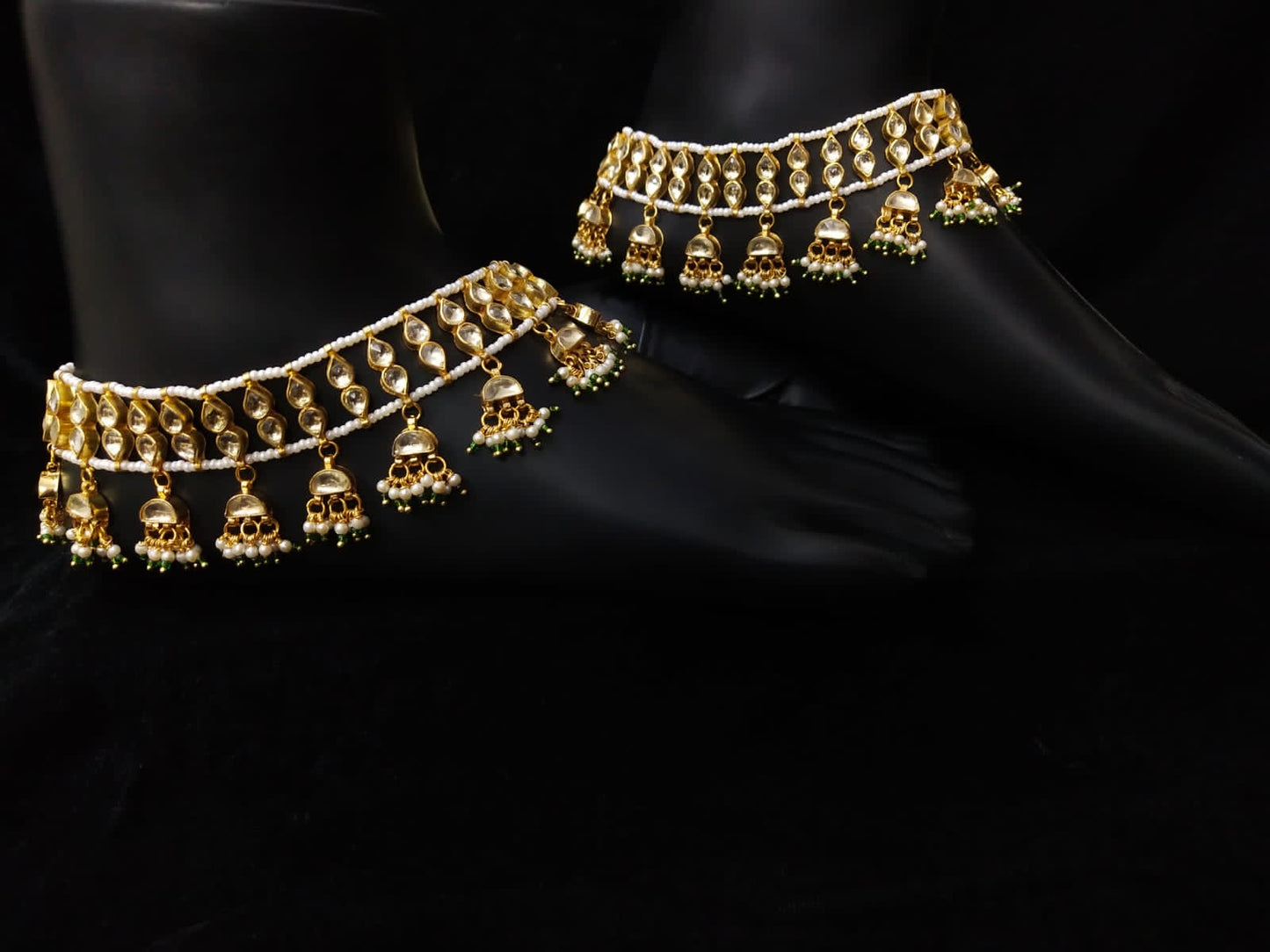 Gold plated Kundan Payal in green drops