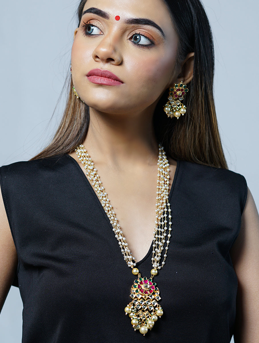 Pink Kundan Necklace set with Pearl drops