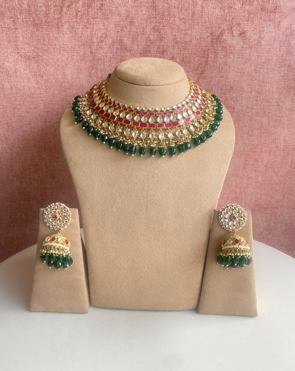 Pink kundan necklace set with green drops