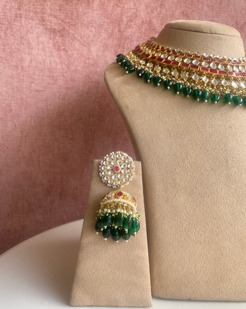 Pink kundan necklace set with green drops