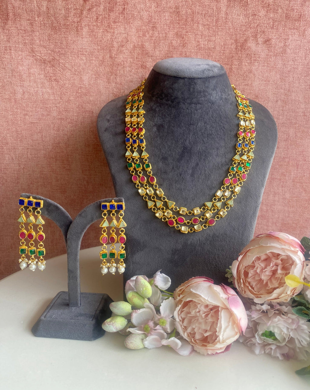 Multi colour kundan long necklace set
