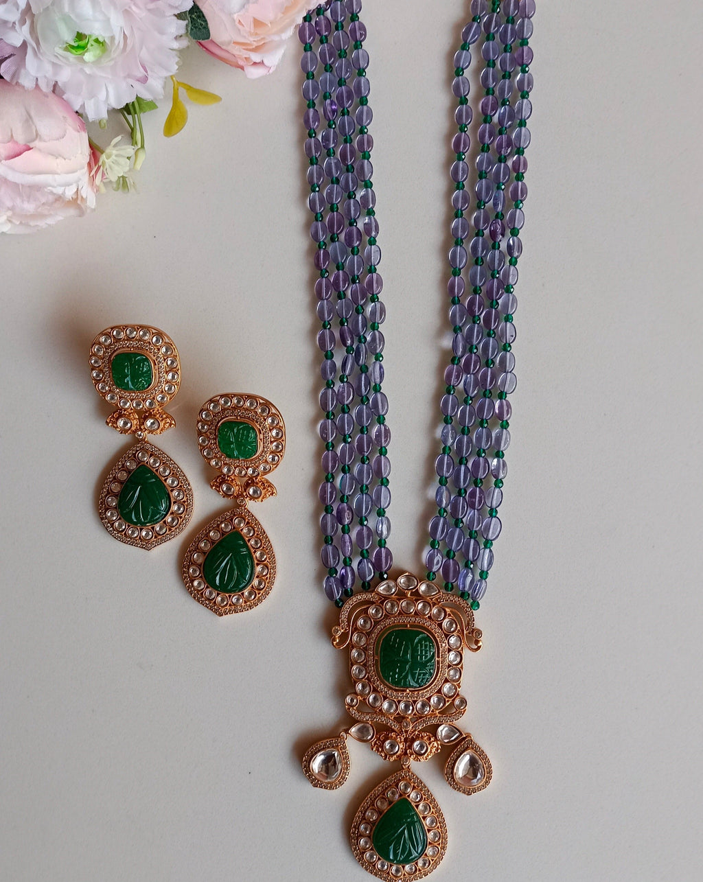 Green stone long necklace set