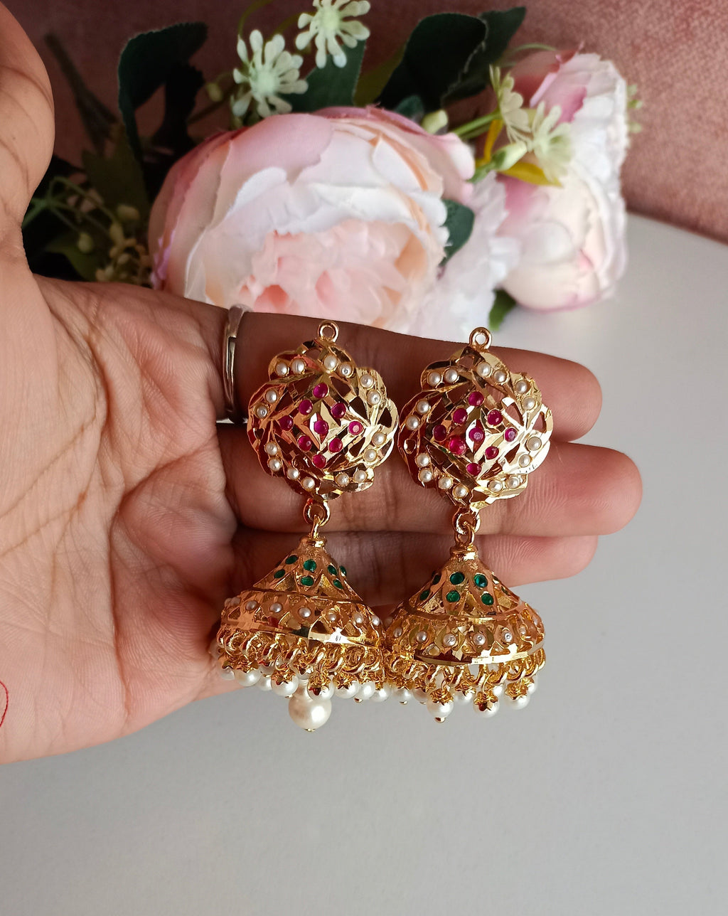 Red and Green Jhumka Earrings