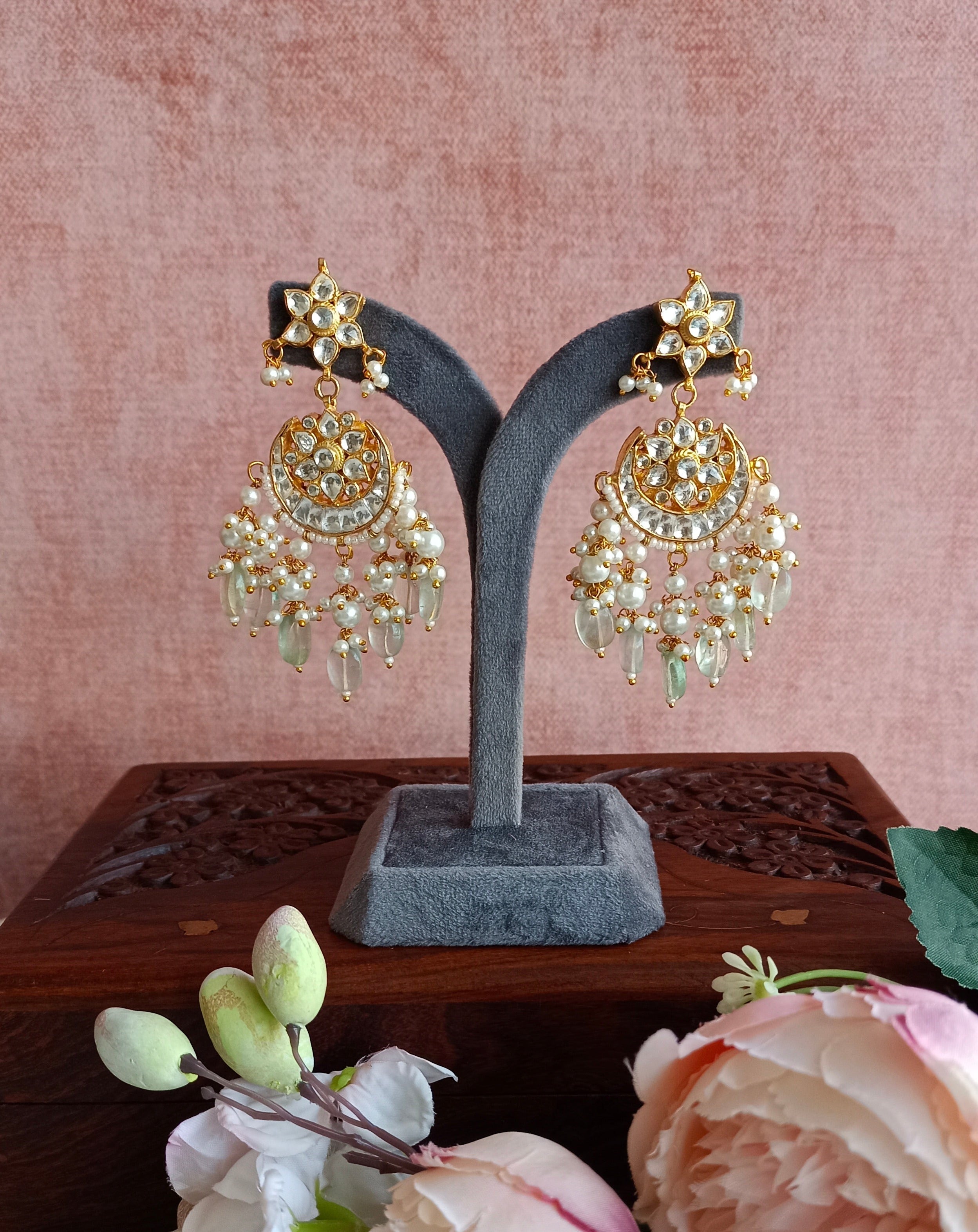 Gold Plated Kundan Earrings in mint drops