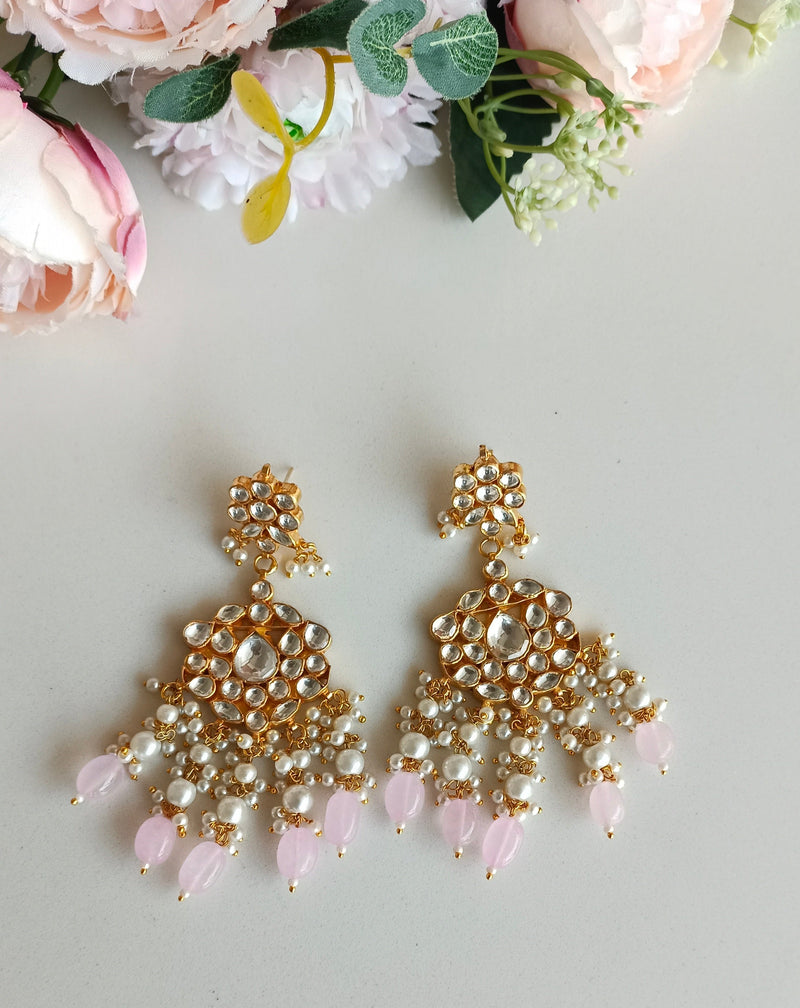 Kundan earrings with pink drops