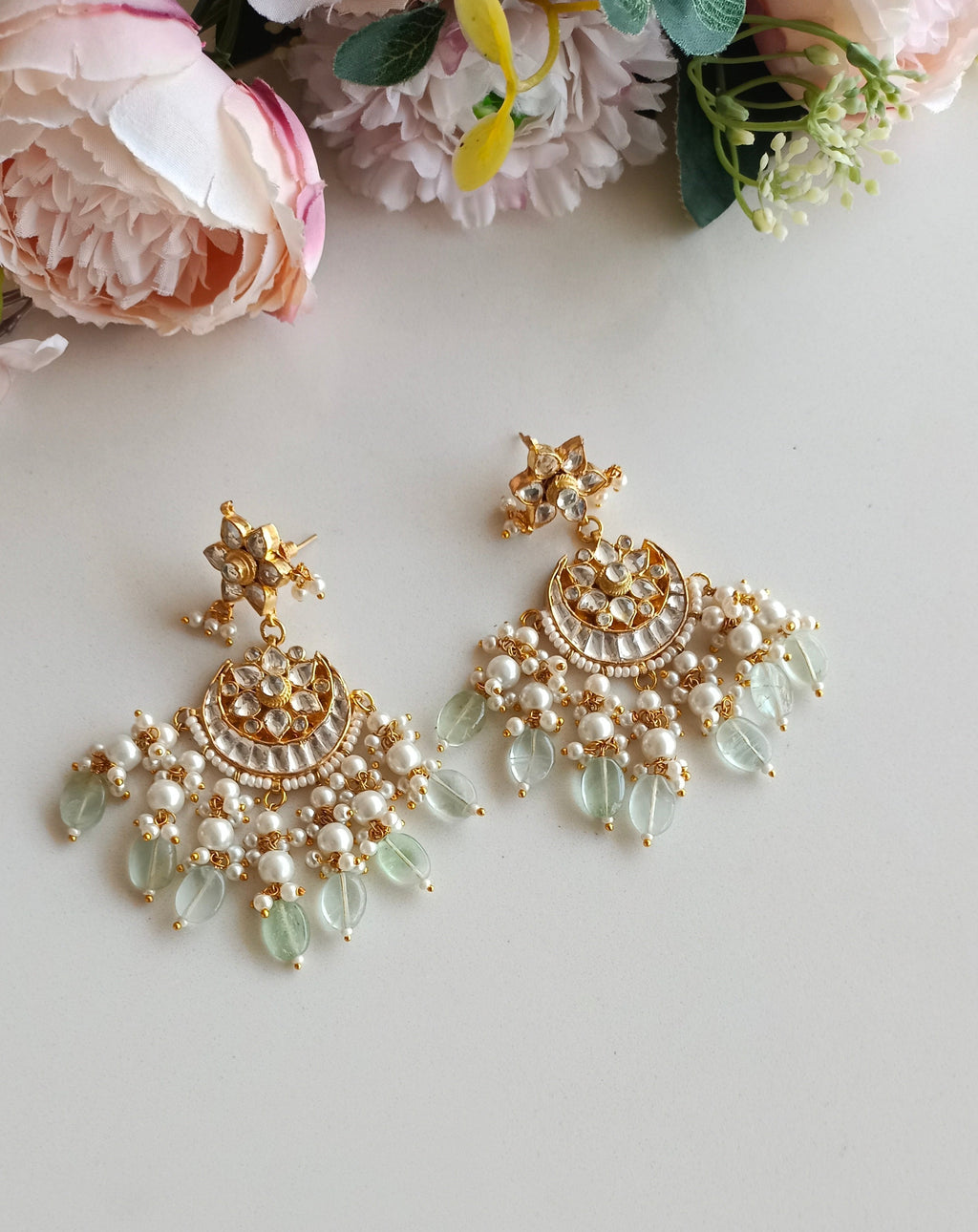 Kundan earrings with mint drops