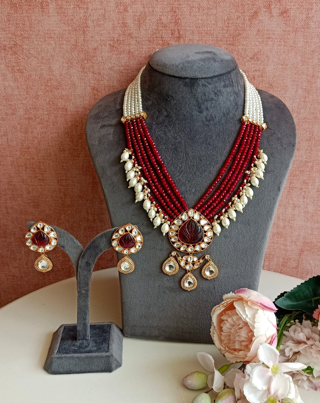 Red stone long necklace set