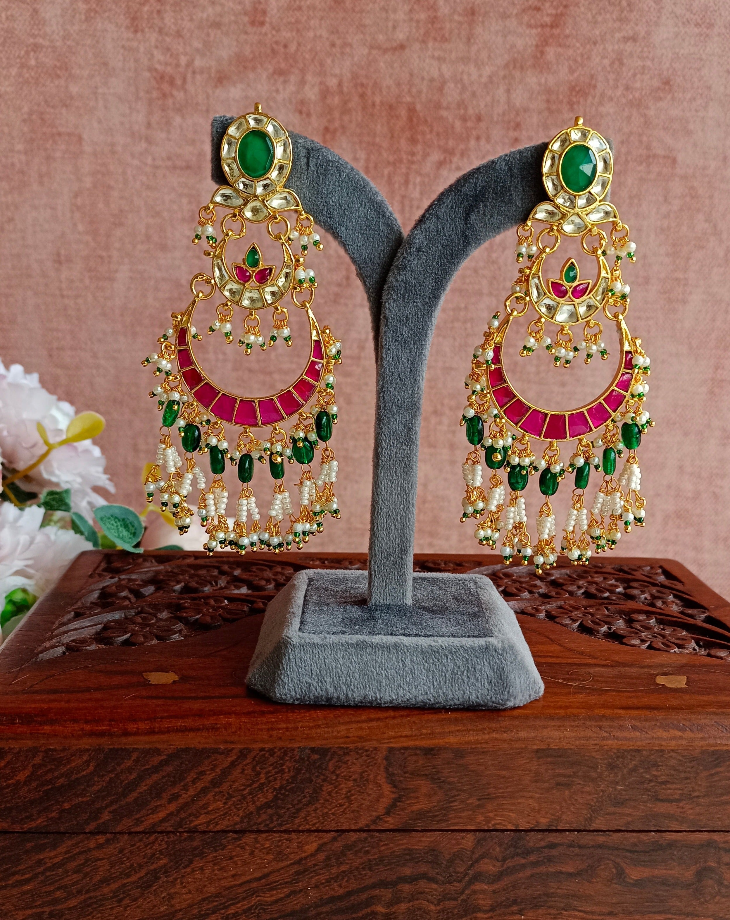Gold Plated Pink and Green Kundan Earring