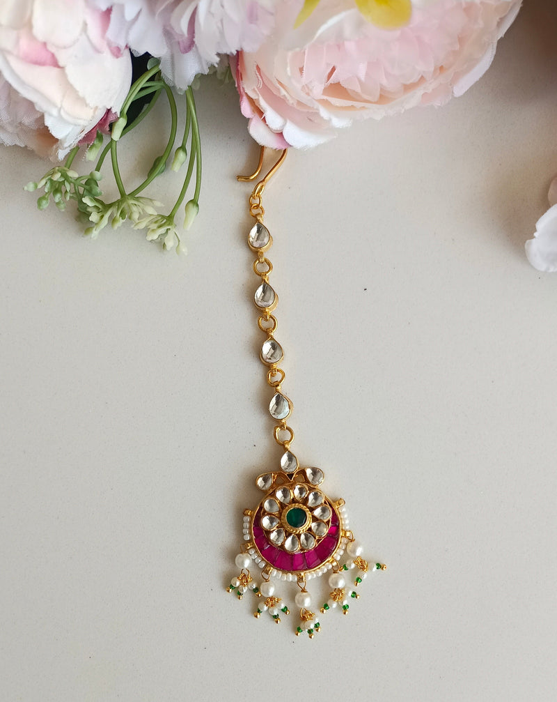 Pink And Green Kundan Tikka