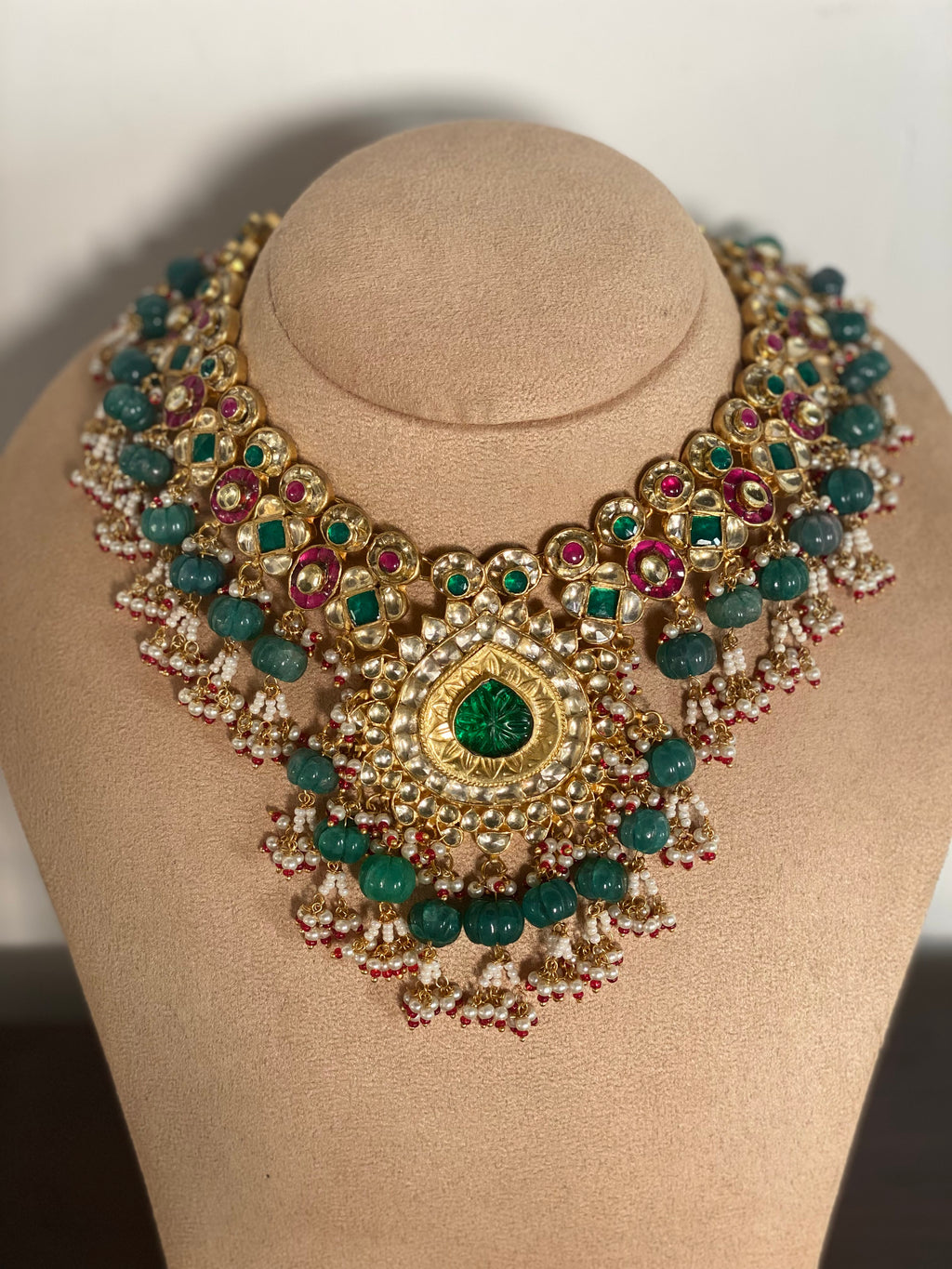 Bridal Kundan Necklace Set With Green Drops