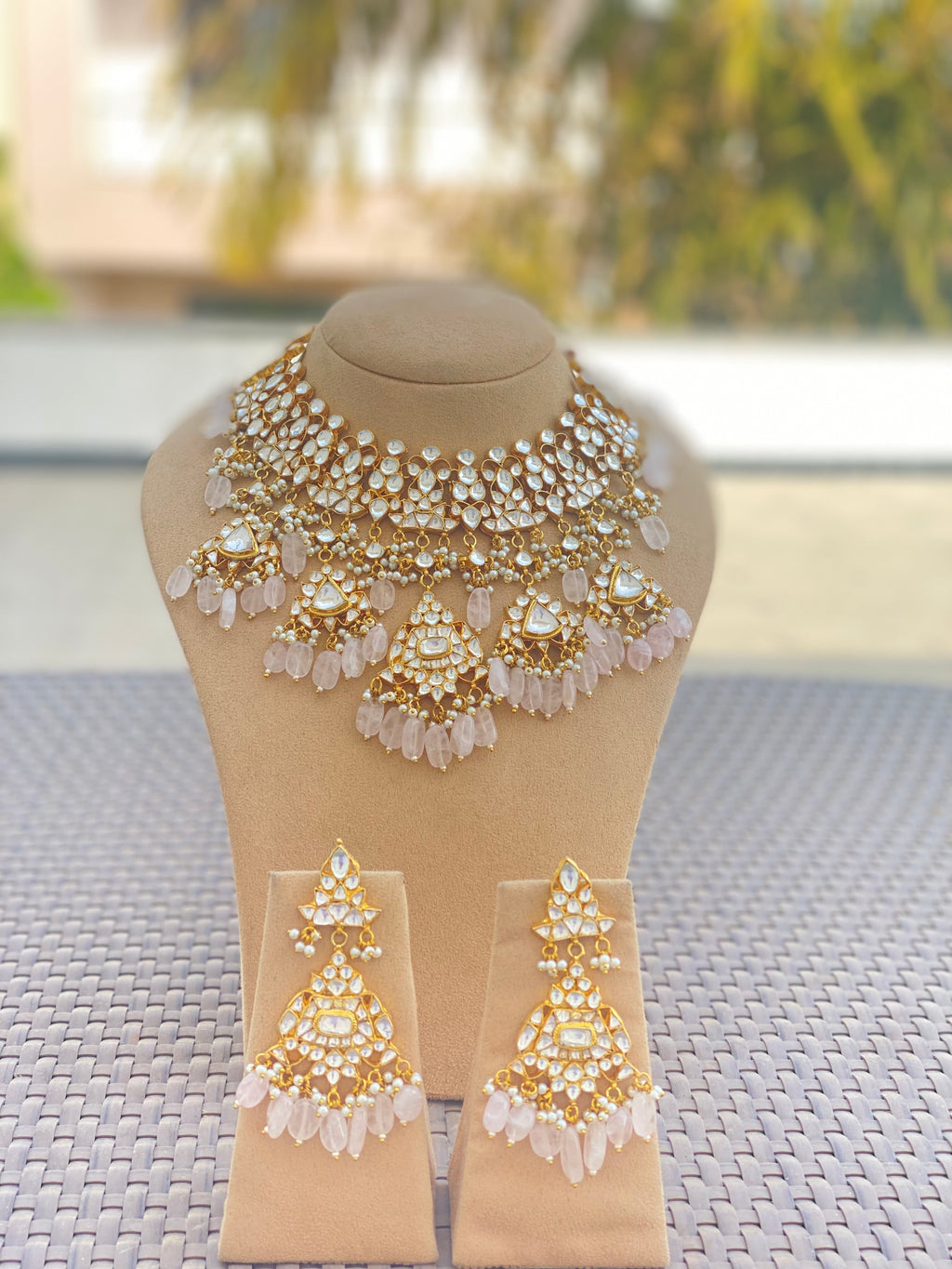 Kundan necklace set with pink drops and earrings