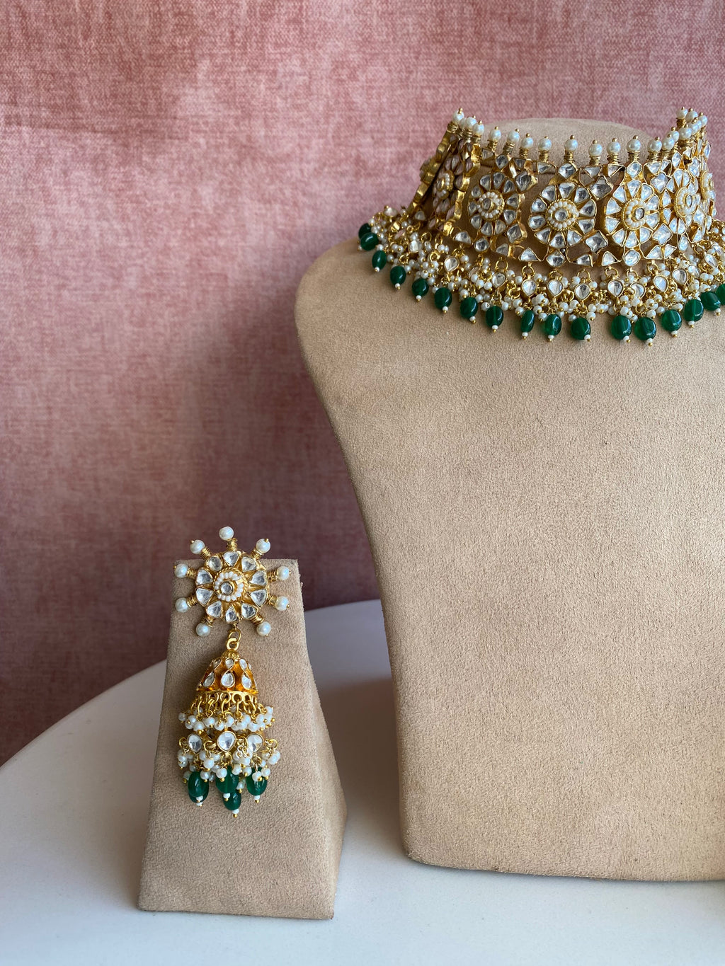 Floral Kundan Necklace Set With Green Drops