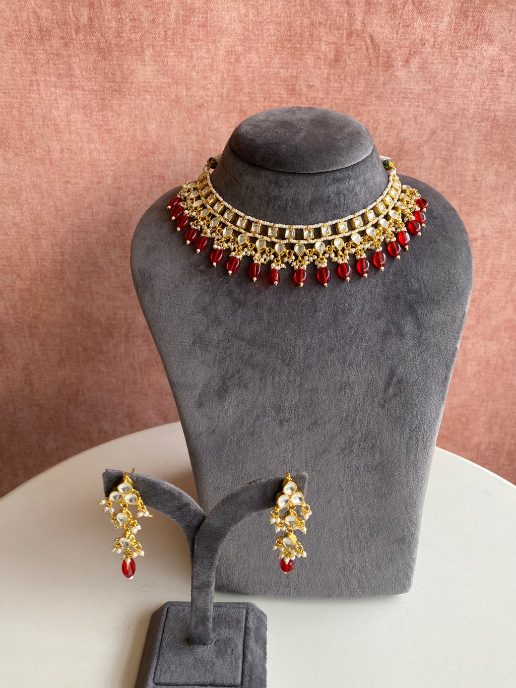 Kundan Necklace Set With Red Drops
